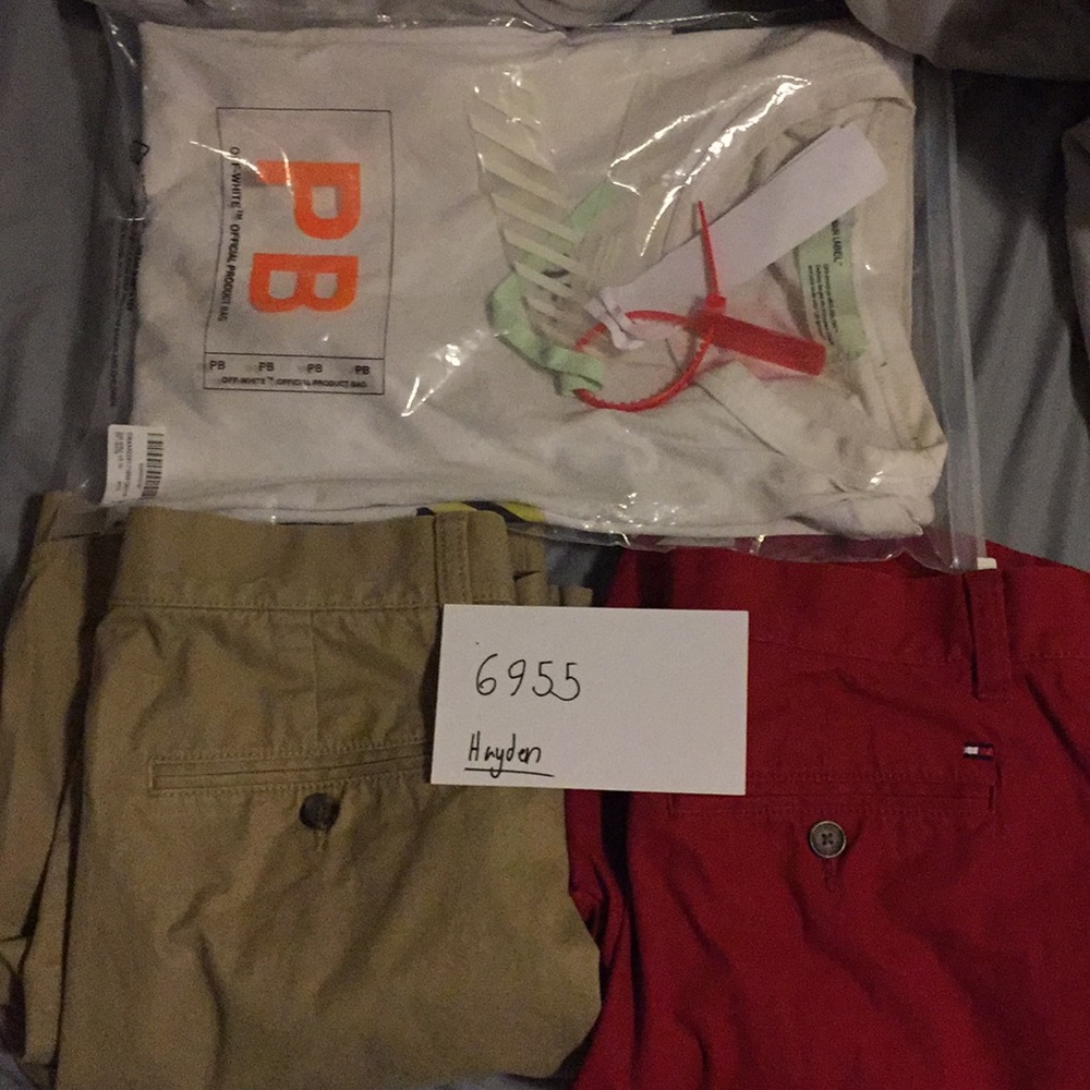 Off white shirt TH shorts red and khaki